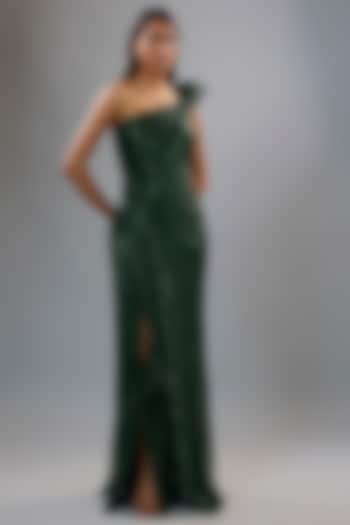 Green Polyester Sequins One-Shoulder Sculpted Bridal Gown by Gaurav Gupta at Pernia's Pop Up Shop