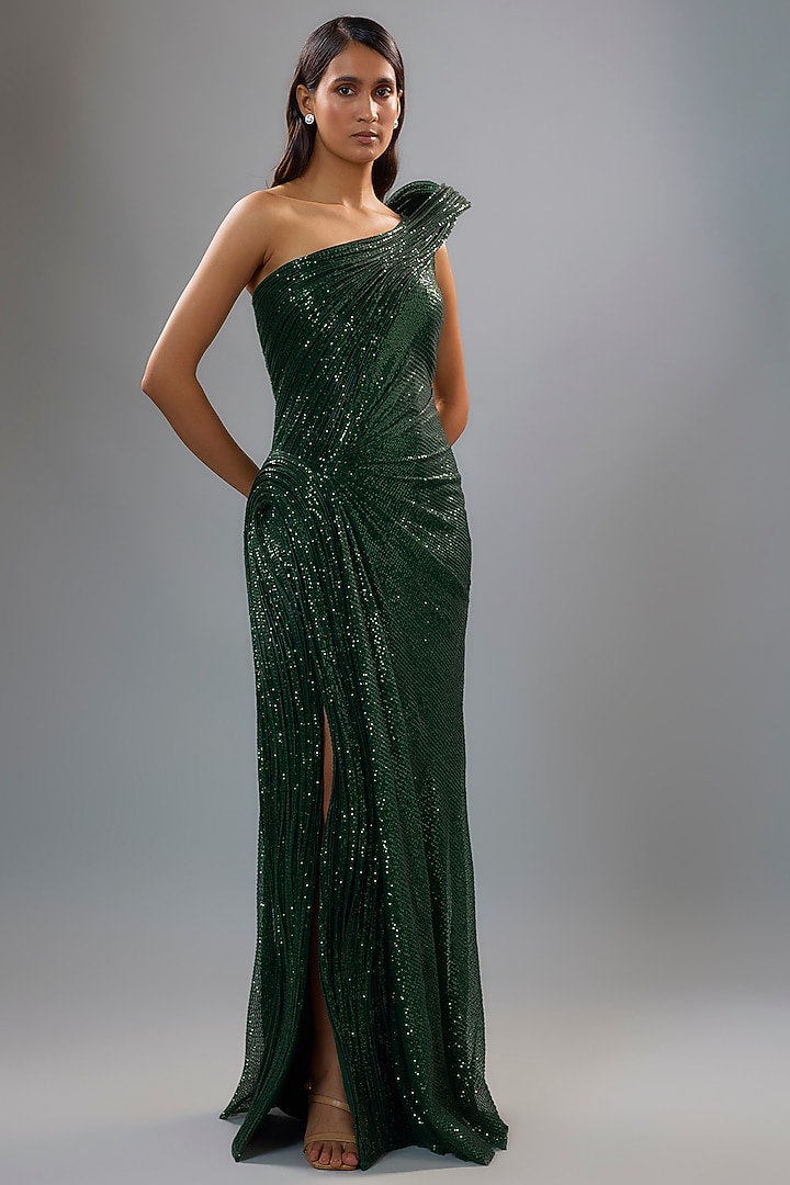 Green Polyester Sequins One-Shoulder Sculpted Bridal Gown by Gaurav Gupta at Pernia's Pop Up Shop