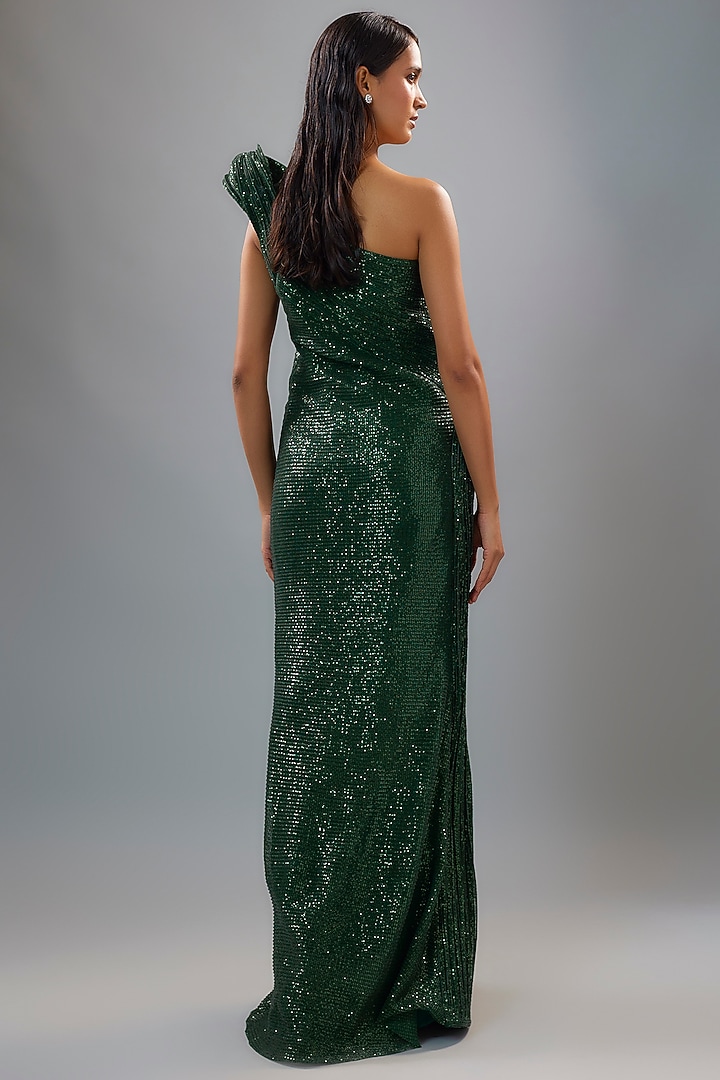 Green Polyester Sequins One-Shoulder Sculpted Bridal Gown by Gaurav Gupta at Pernia's Pop Up Shop