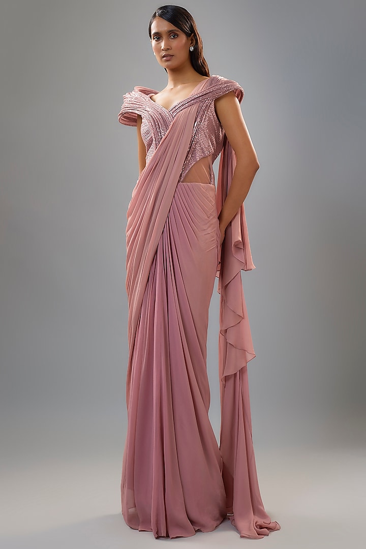 Rose Bud Sequins Sculpted Gown Saree by Gaurav Gupta at Pernia's Pop Up Shop