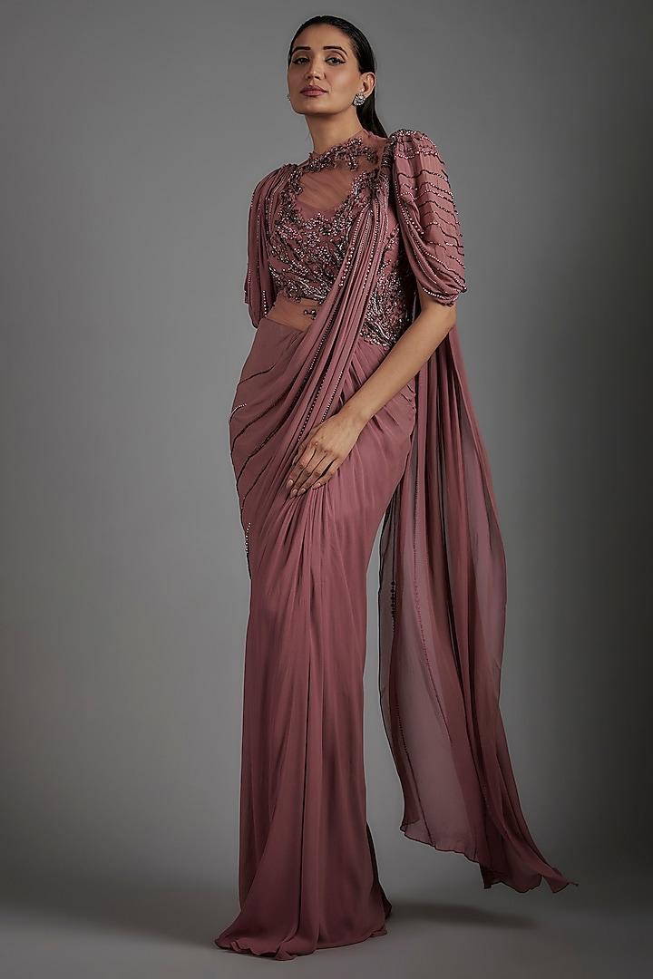 Soft Berry Pink Viscose Georgette Bugle Bead Embroidered Draped Gown Saree by Gaurav Gupta at Pernia's Pop Up Shop