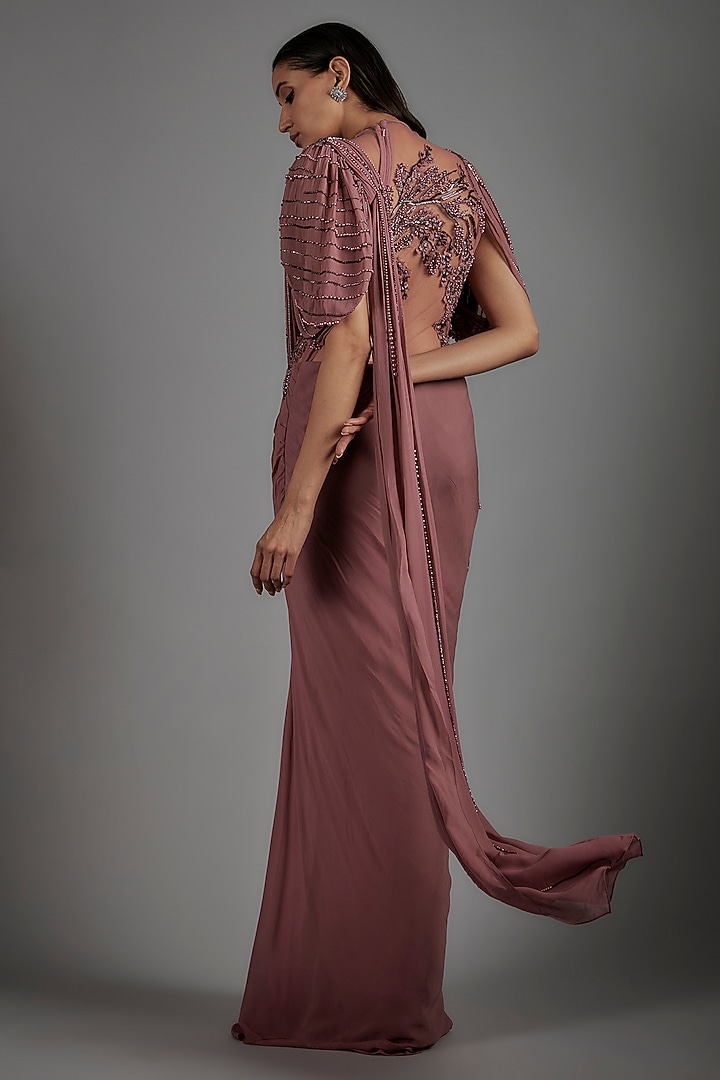 Soft Berry Pink Viscose Georgette Bugle Bead Embroidered Draped Bridal Gown Saree by Gaurav Gupta at Pernia's Pop Up Shop