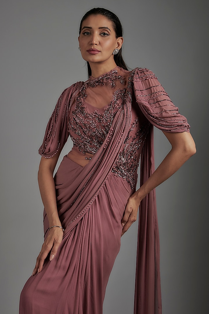 Soft Berry Pink Viscose Georgette Bugle Bead Embroidered Draped Bridal Gown Saree by Gaurav Gupta at Pernia's Pop Up Shop