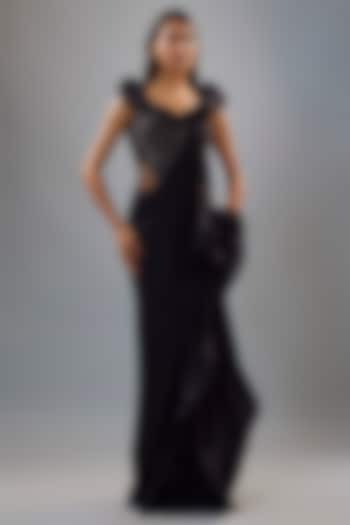 Black Organza Glass Embroidered Draped Gown Saree by Gaurav Gupta at Pernia's Pop Up Shop