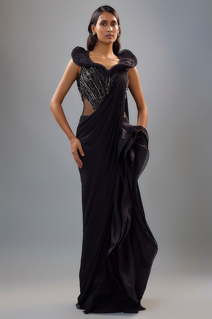 Black Organza Glass Embroidered Draped Gown Saree by Gaurav Gupta at Pernia's Pop Up Shop