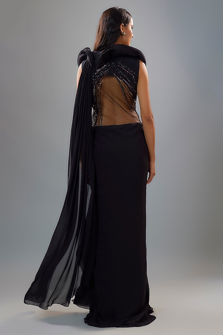 Black Organza Glass Embroidered Draped Bridal Gown Saree by Gaurav Gupta at Pernia's Pop Up Shop