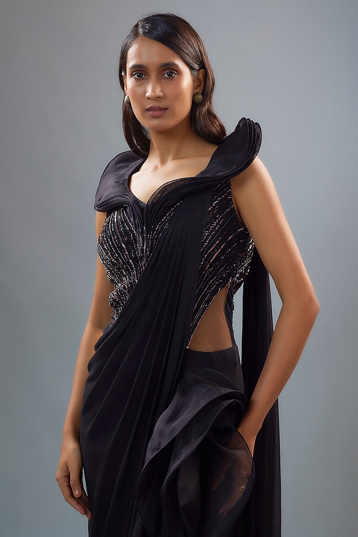 Black Organza Glass Embroidered Draped Bridal Gown Saree by Gaurav Gupta at Pernia's Pop Up Shop