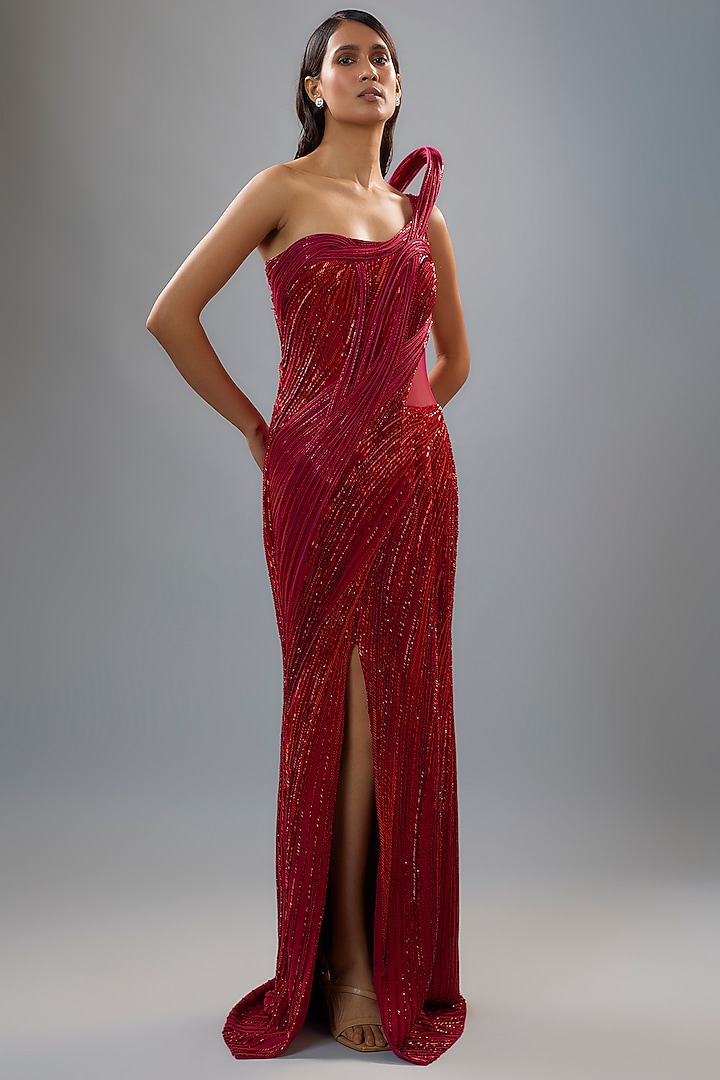 Red Polyester Sequins One-Shoulder Sculpted Bridal Gown by Gaurav Gupta at Pernia's Pop Up Shop