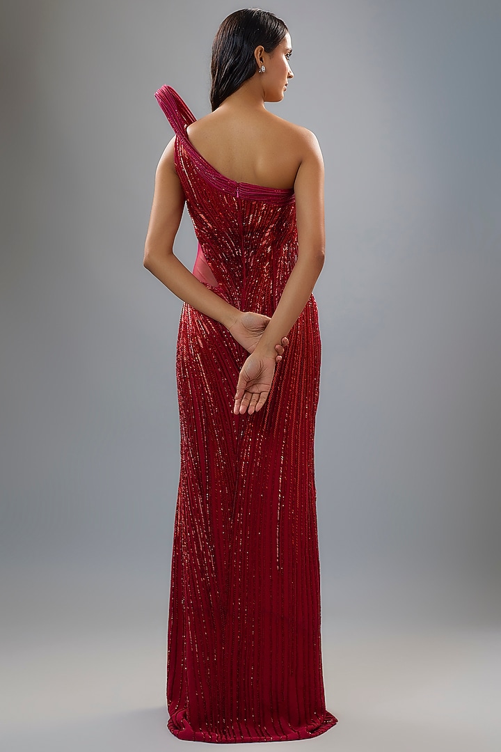 Red Polyester Sequins One-Shoulder Sculpted Bridal Gown by Gaurav Gupta at Pernia's Pop Up Shop