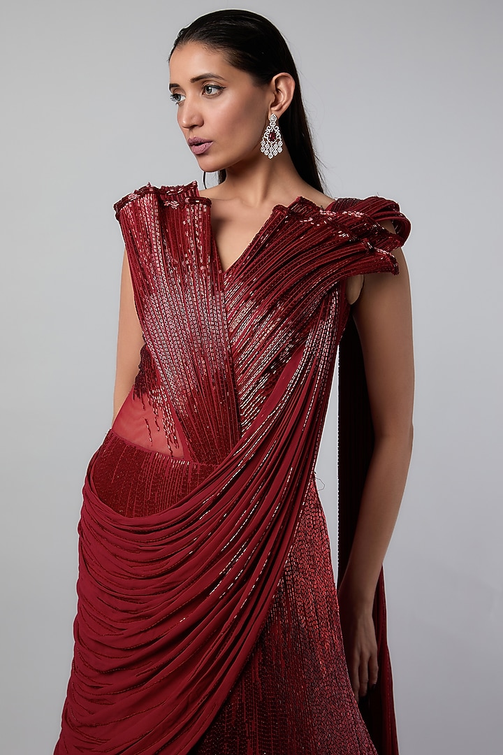 Lava Red Georgette Bugle Beads Embroidered Sculpted Bridal Gown Saree by Gaurav Gupta at Pernia's Pop Up Shop