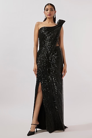 Black Sequins One Shoulder Gown Saree by Gaurav Gupta