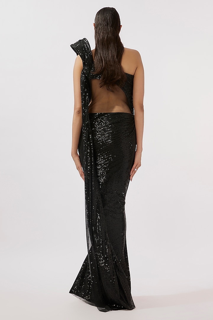 Black Sequins One Shoulder Bridal Gown Saree by Gaurav Gupta at Pernia's Pop Up Shop
