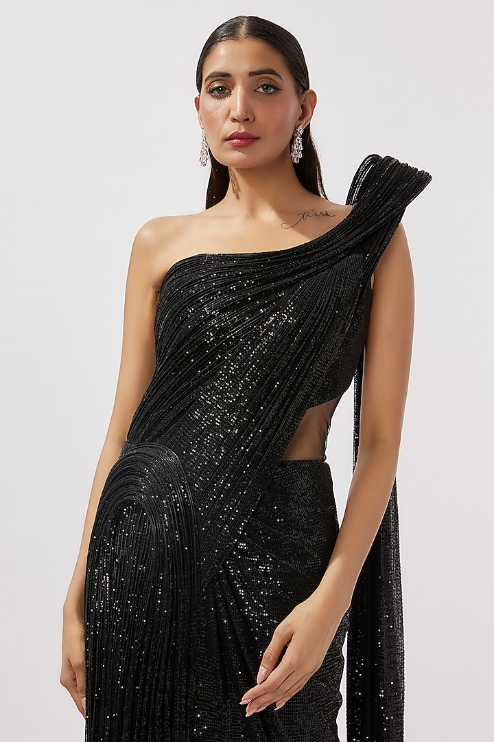 Black Sequins One Shoulder Bridal Gown Saree by Gaurav Gupta at Pernia's Pop Up Shop