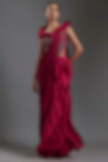 Lava Red Organza Glass Embroidered Draped Ruffled Gown Saree by Gaurav Gupta at Pernia's Pop Up Shop