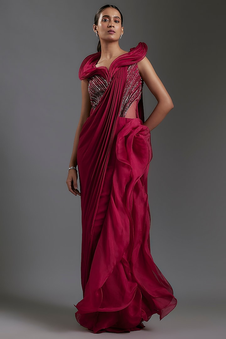 Lava Red Organza Glass Embroidered Draped Ruffled Gown Saree by Gaurav Gupta at Pernia's Pop Up Shop