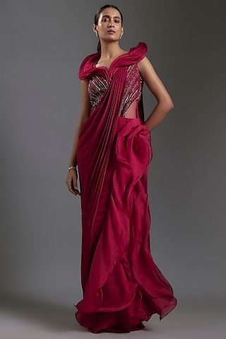 Lava Red Organza Glass Embroidered Draped Ruffled Gown Saree by Gaurav Gupta