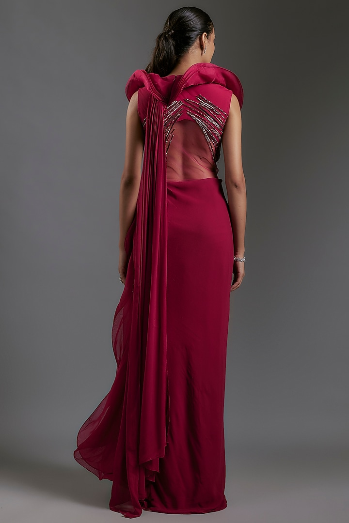 Lava Red Organza Glass Embroidered Draped Ruffled Bridal Gown Saree by Gaurav Gupta at Pernia's Pop Up Shop