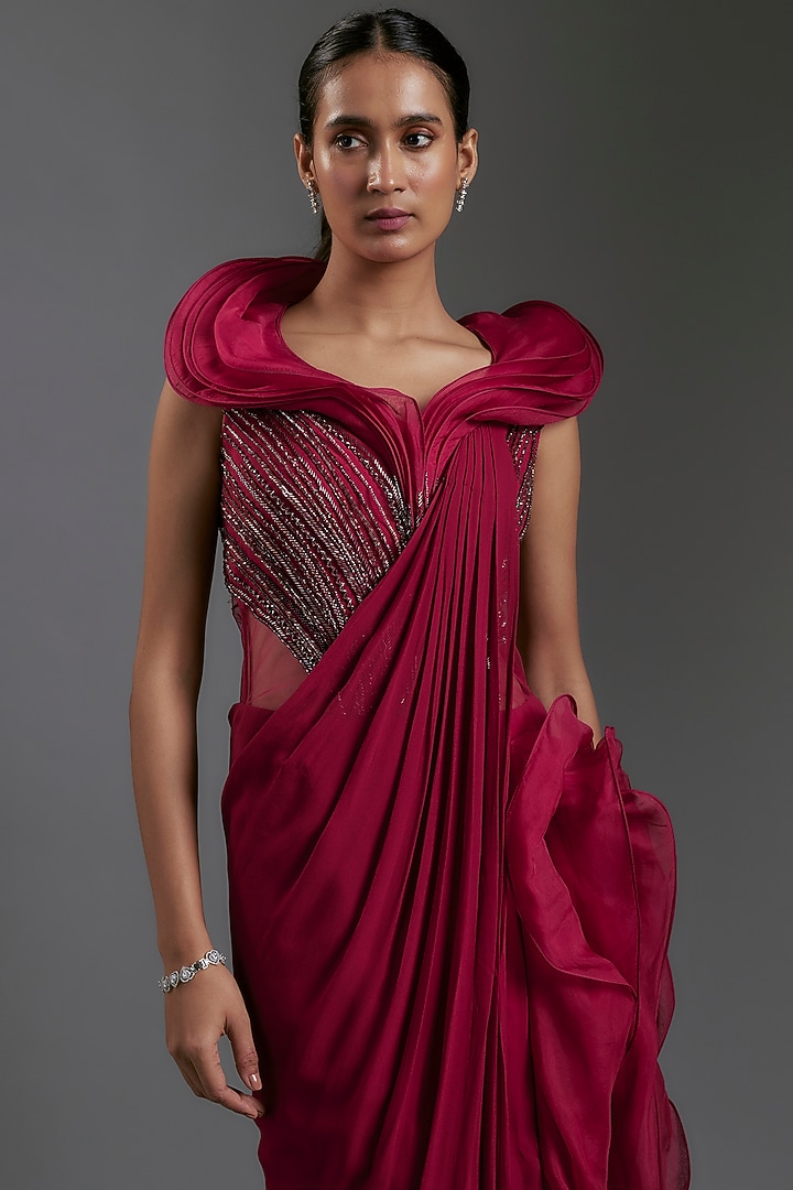 Lava Red Organza Glass Embroidered Draped Ruffled Bridal Gown Saree by Gaurav Gupta at Pernia's Pop Up Shop