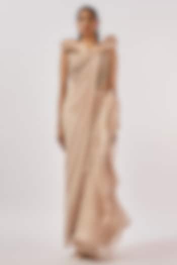 Rose Champagne Organza Bugle Bead & Glass Embroidered Gown Saree by Gaurav Gupta