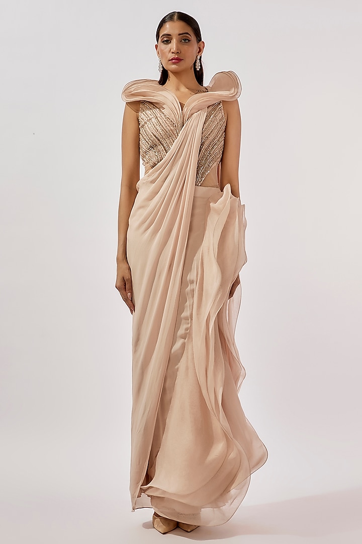 Rose Champagne Organza Bugle Bead & Glass Embroidered Gown Saree by Gaurav Gupta