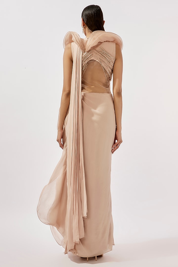 Rose Champagne Organza Bugle Bead & Glass Embroidered Bridal Gown Saree by Gaurav Gupta at Pernia's Pop Up Shop