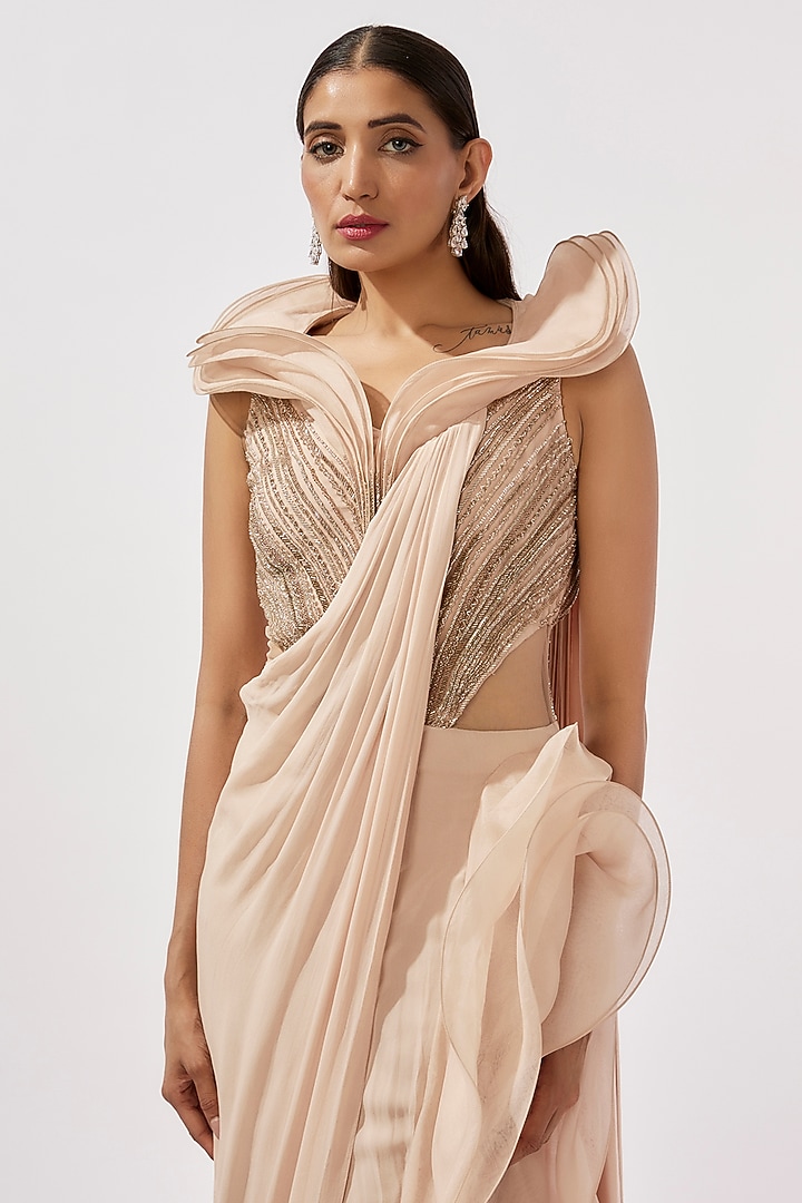 Rose Champagne Organza Bugle Bead & Glass Embroidered Bridal Gown Saree by Gaurav Gupta at Pernia's Pop Up Shop