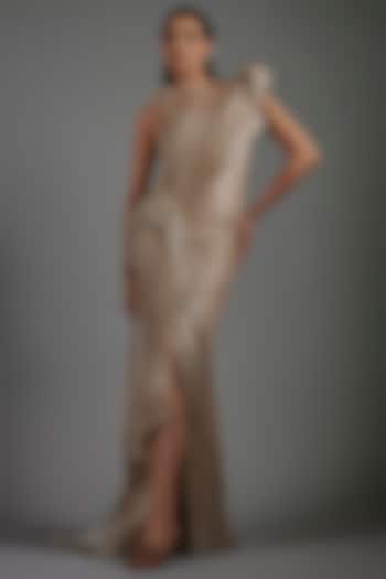Champagne Polyester Sequins Sculpted Bridal Gown by Gaurav Gupta at Pernia's Pop Up Shop