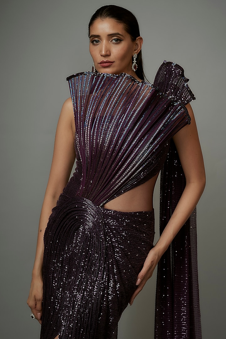 Grape Sequins Sculpted Bridal Gown Saree by Gaurav Gupta at Pernia's Pop Up Shop
