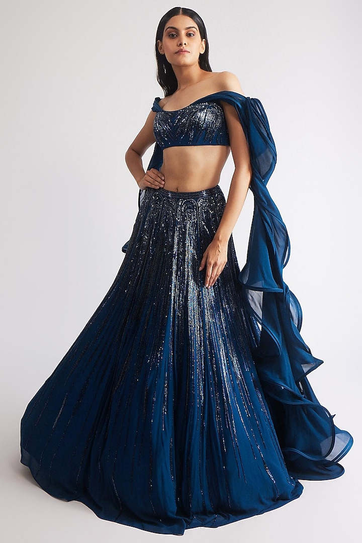 Teal Sapphire Rayon Georgette Sequins Work Bridal Lehenga Set by Gaurav Gupta at Pernia's Pop Up Shop