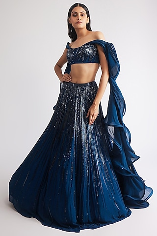 Teal Sapphire Rayon Georgette Sequins Work Lehenga Set by Gaurav Gupta