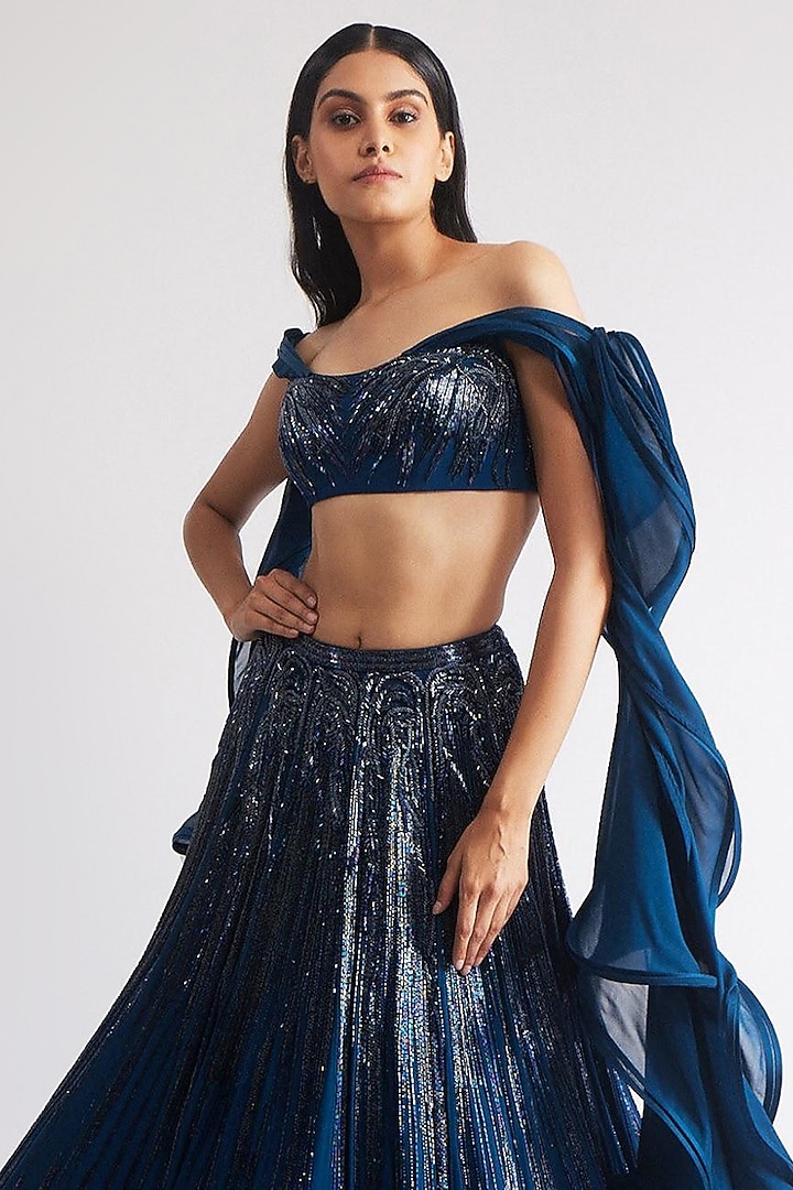Teal Sapphire Rayon Georgette Sequins Work Bridal Lehenga Set by Gaurav Gupta at Pernia's Pop Up Shop