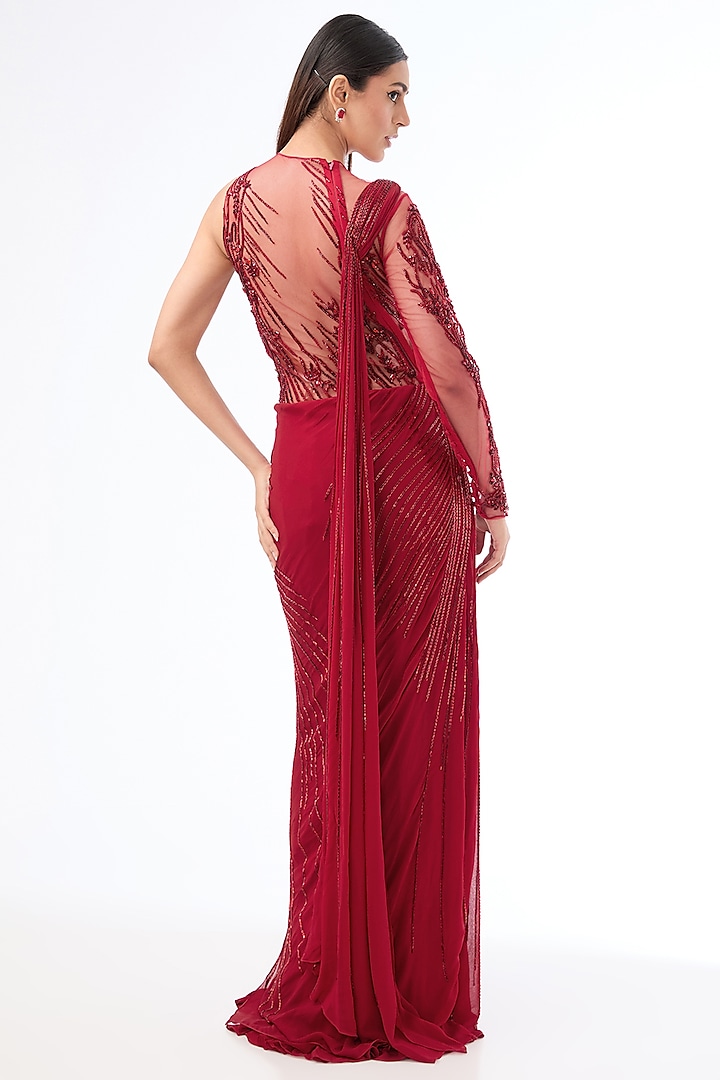 Lava Red Viscose Georgette Crystal Embroidered Bridal Gown Saree by Gaurav Gupta at Pernia's Pop Up Shop