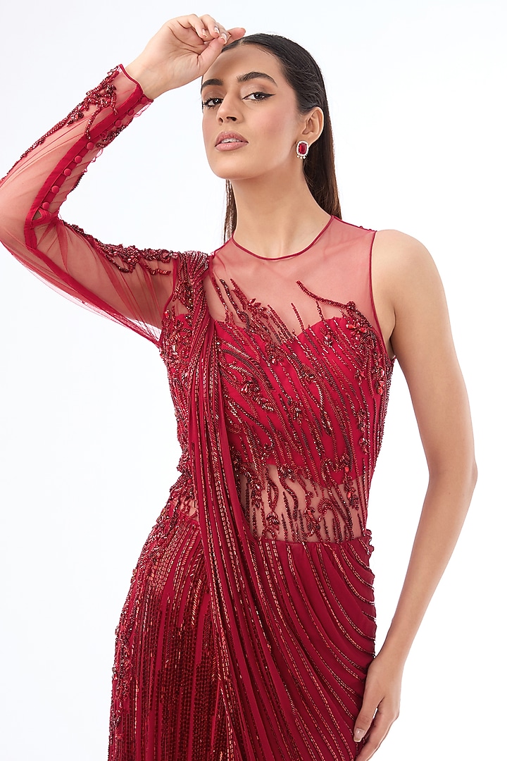 Lava Red Viscose Georgette Crystal Embroidered Bridal Gown Saree by Gaurav Gupta at Pernia's Pop Up Shop