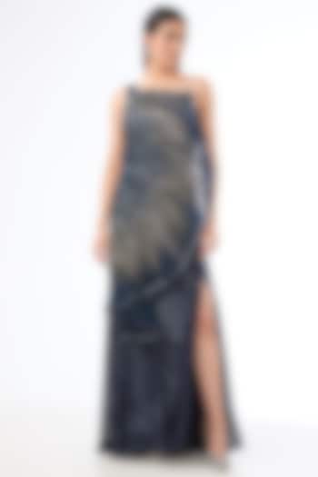 Midnight Blue Sequins Bugle Bead Embroidered Sculpted Gown by Gaurav Gupta