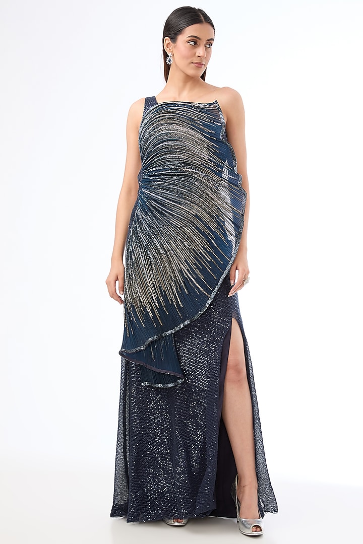 Midnight Blue Sequins Bugle Bead Embroidered Sculpted Gown by Gaurav Gupta at Pernia's Pop Up Shop