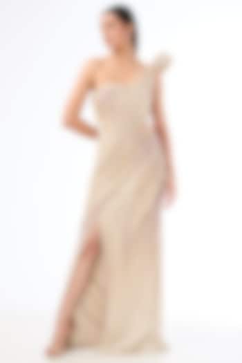 Champagne Crepe Embroidered One-Shoulder Gown by Gaurav Gupta