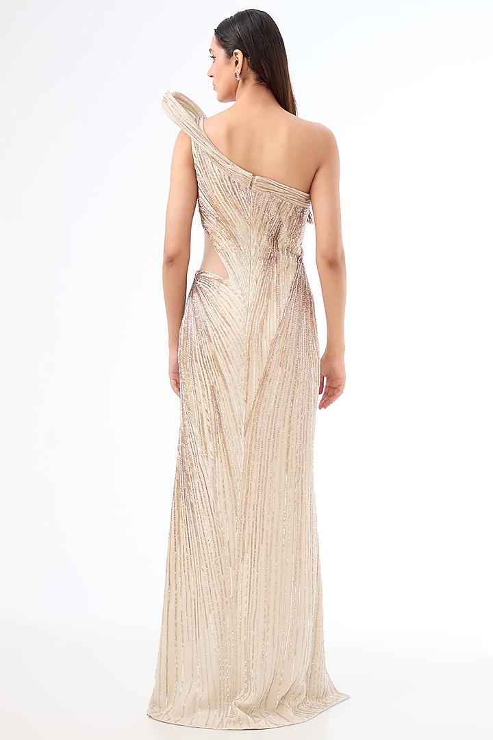 Champagne Crepe Embroidered One-Shoulder Bridal Gown by Gaurav Gupta at Pernia's Pop Up Shop