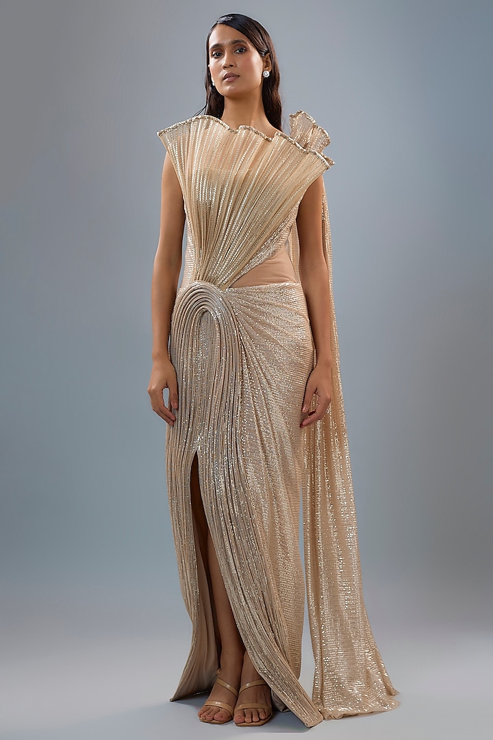 Champagne Sequins Fan-Sculpted Gown Saree by Gaurav Gupta at Pernia's Pop Up Shop