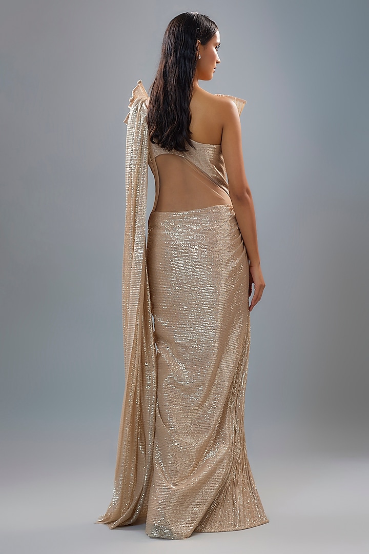 Champagne Sequins Fan-Sculpted Bridal Gown Saree by Gaurav Gupta at Pernia's Pop Up Shop