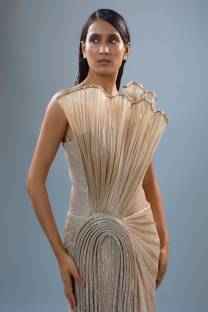 Champagne Sequins Fan-Sculpted Bridal Gown Saree by Gaurav Gupta at Pernia's Pop Up Shop