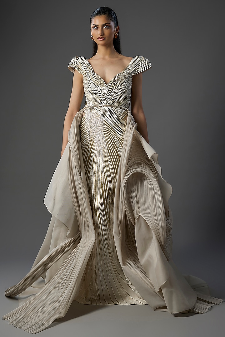 Snow Pink Polyester Crepe Sculpted Bridal Gown by Gaurav Gupta at Pernia's Pop Up Shop