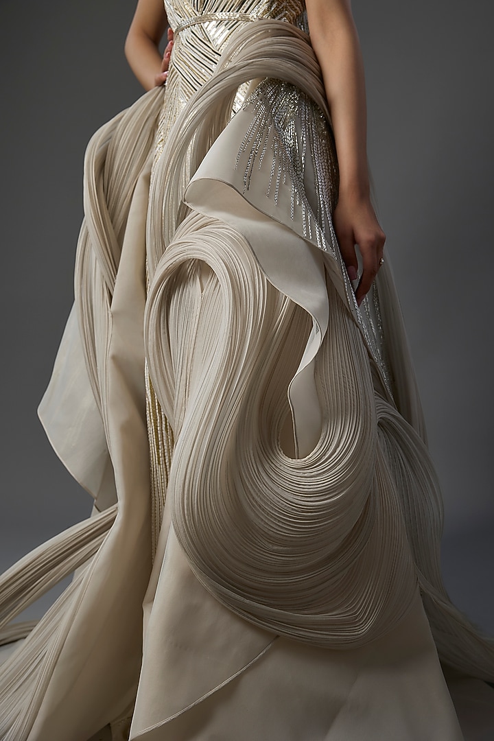 Snow Pink Polyester Crepe Sculpted Bridal Gown by Gaurav Gupta at Pernia's Pop Up Shop