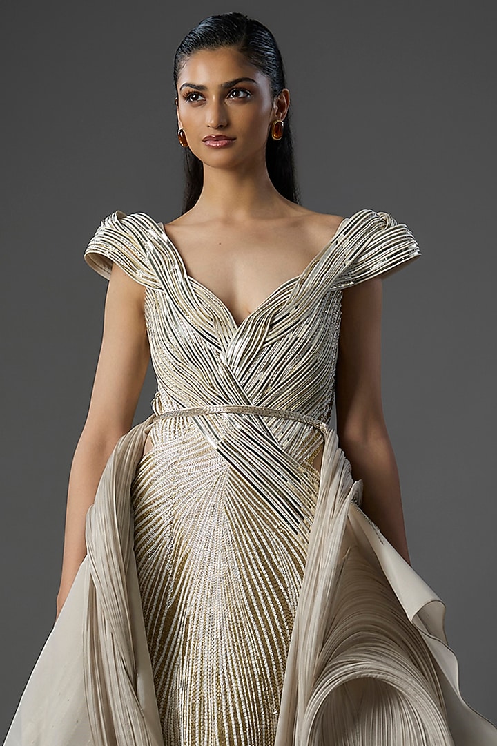 Snow Pink Polyester Crepe Sculpted Bridal Gown by Gaurav Gupta at Pernia's Pop Up Shop