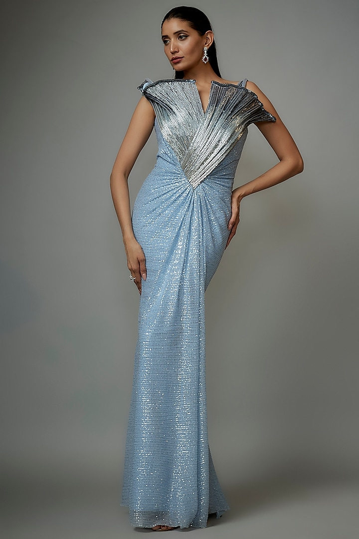 Ocean Blue Sequins Bugal Bead Embroidered Sculpted Draped Gown by Gaurav Gupta