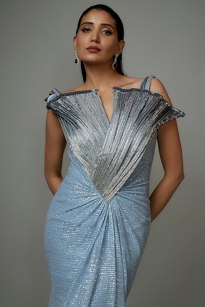Ocean Blue Sequins Bugal Bead Embroidered Sculpted Draped Bridal Gown by Gaurav Gupta at Pernia's Pop Up Shop
