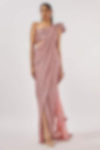 Rosebud Sequins One Shoulder Gown Saree by Gaurav Gupta