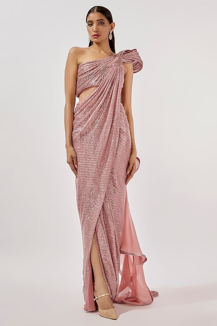Rosebud Sequins One Shoulder Gown Saree by Gaurav Gupta