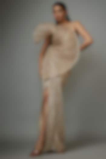 Champagne Sequins Bugle Beads Embroidered Sculpted Gown by Gaurav Gupta