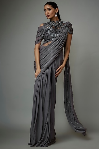 Lava Grey Viscose Georgette Bugal Beads Embroidered Gown Saree by Gaurav Gupta