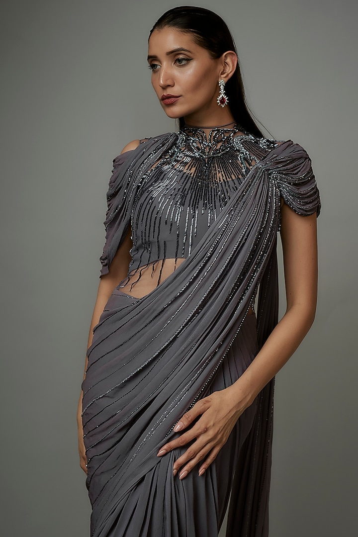Lava Grey Viscose Georgette Bugal Beads Embroidered Bridal Gown Saree by Gaurav Gupta at Pernia's Pop Up Shop